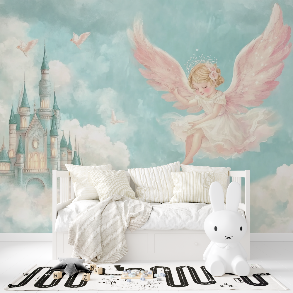 Papier peint chateau et ange tapisserie fille
