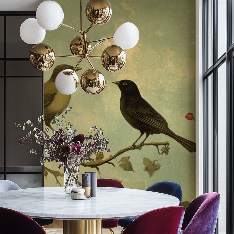 Papier peint vintage oiseaux et fleurs salon chaise