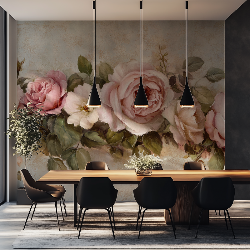 Papier peint vintage fleur salle manger tapisserie