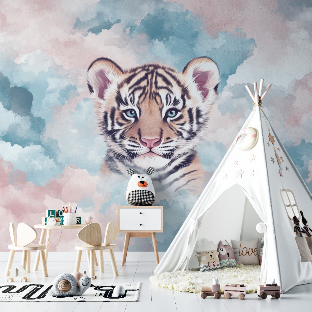 Papier peint tigre et nuages pastel chambre bebe