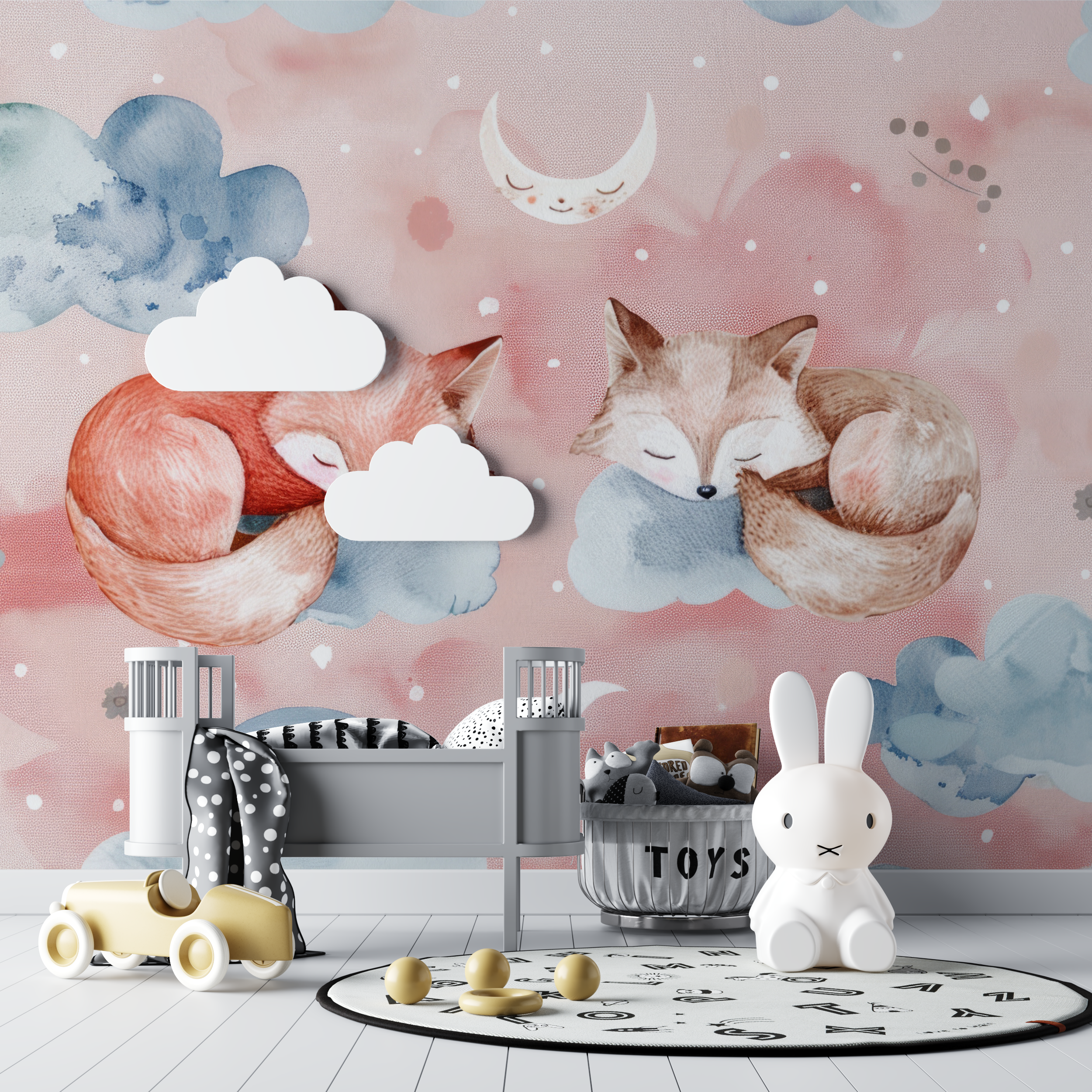 Papier peint renard ballon rose bebe tipi