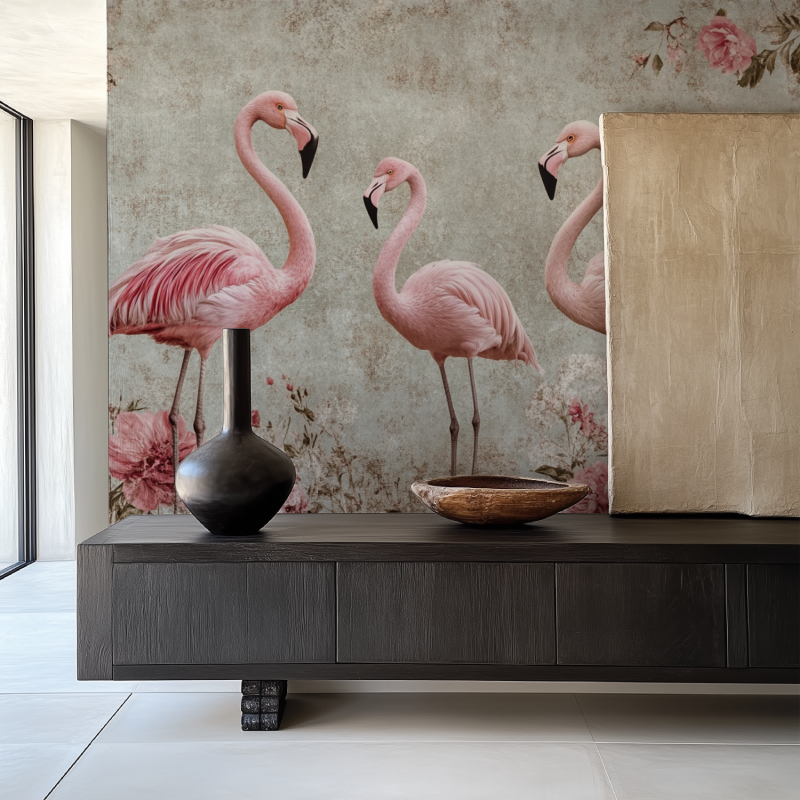 Papier peint vintage flamant rose salle manger papier