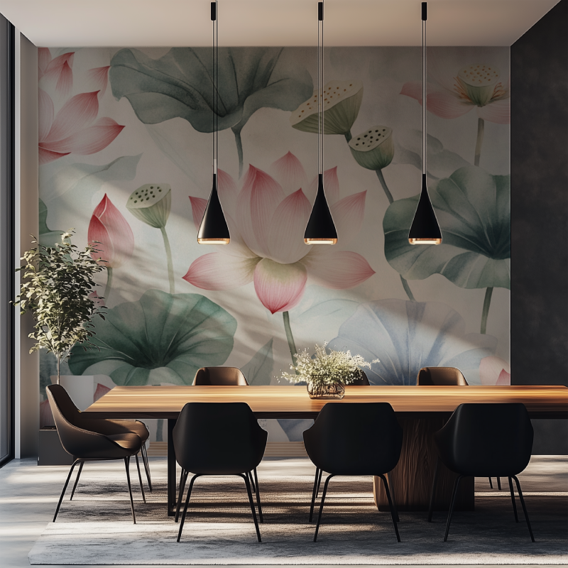 Papier peint fleur lotus salle manger tapisserie
