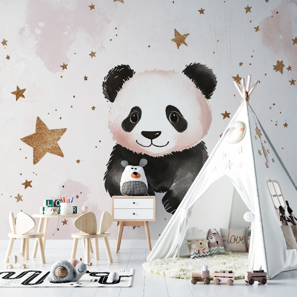 Papier peint panda et etoiles dorees chambre bebe