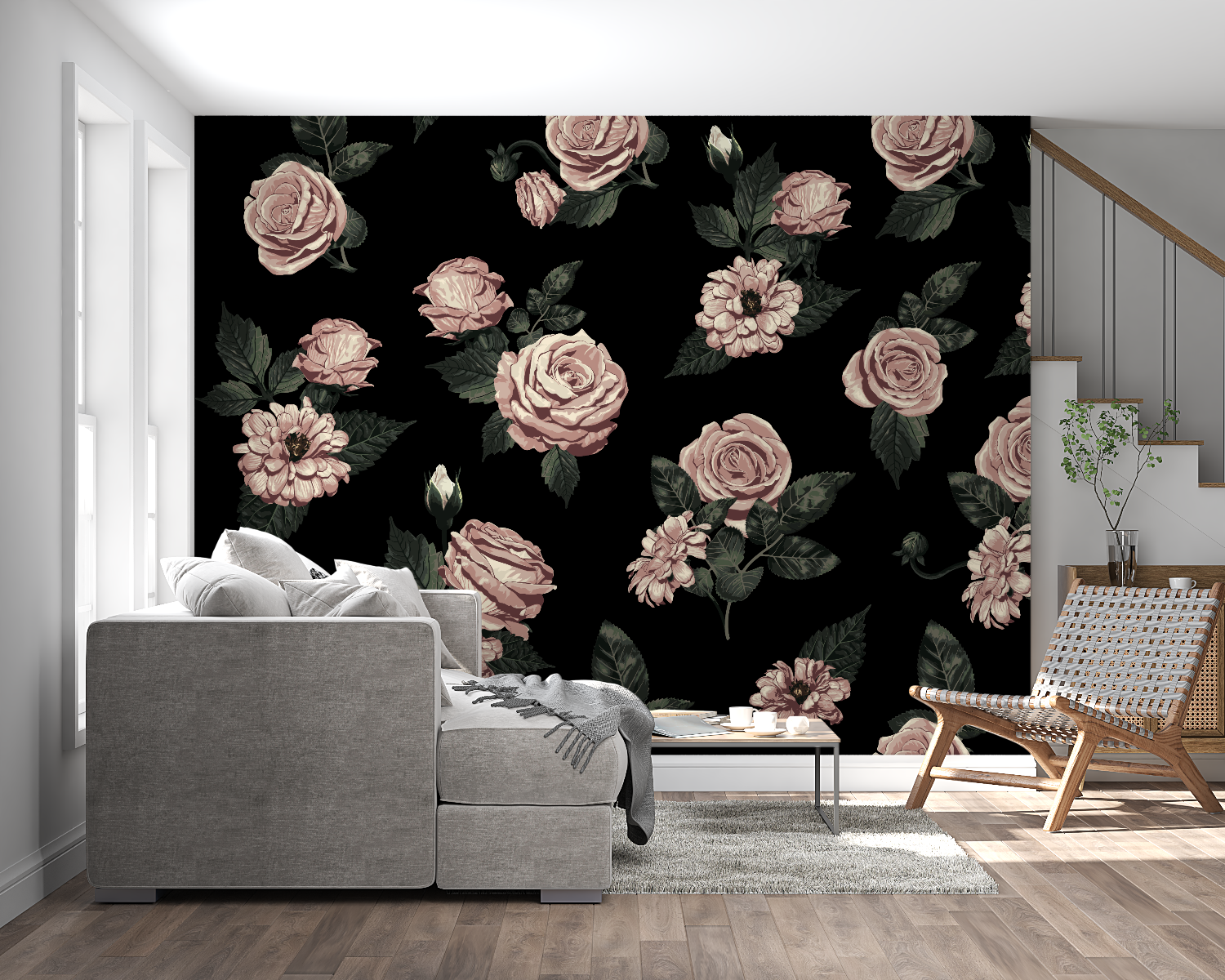 Papier Peint Fleurs Fond Noir - chambre adulte