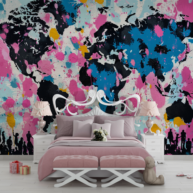 Papier peint carte du monde graffiti rose chambre filles