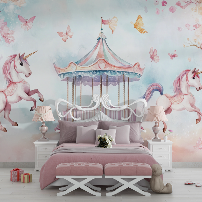 Papier peint licorne 4 murs fete carrousel chambre filles