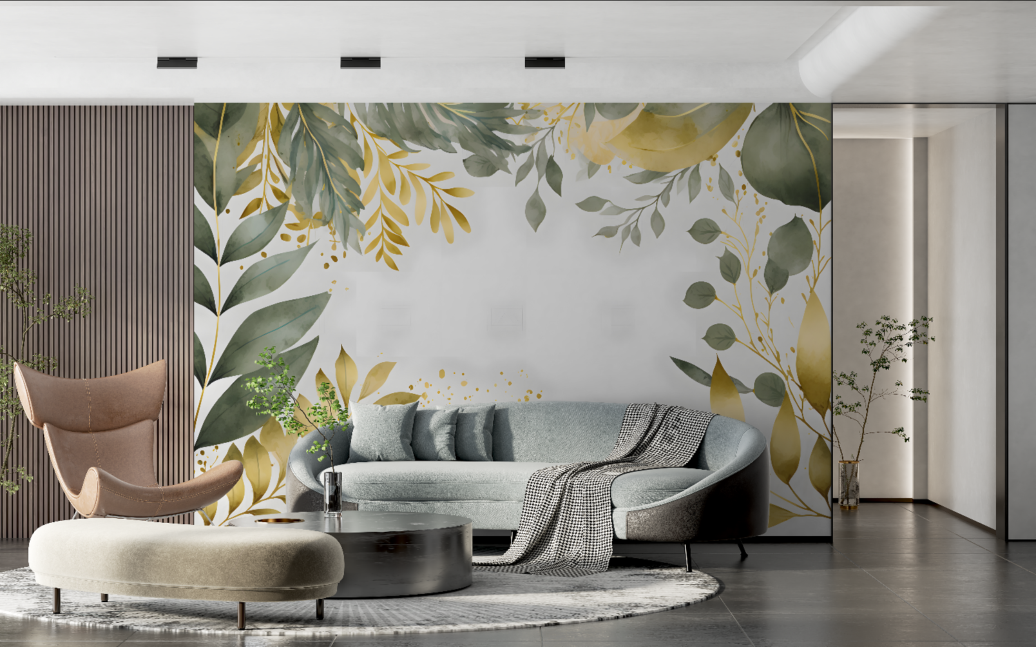 Papier Peint Feuillage Vert et Doré - tendance 2024