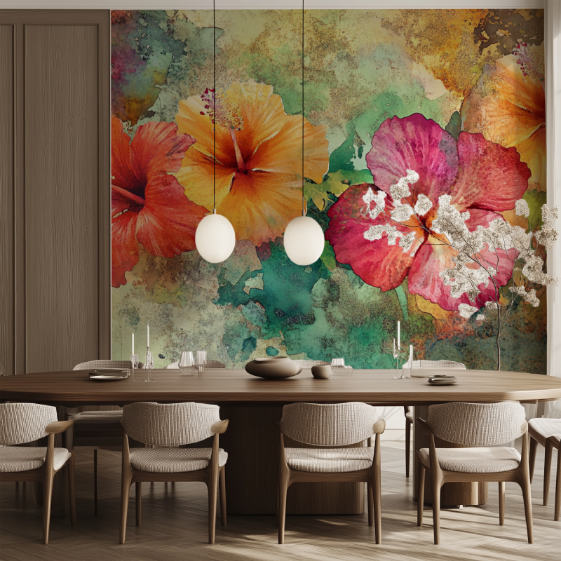 Papier peint fleur exotique salle manger tendance