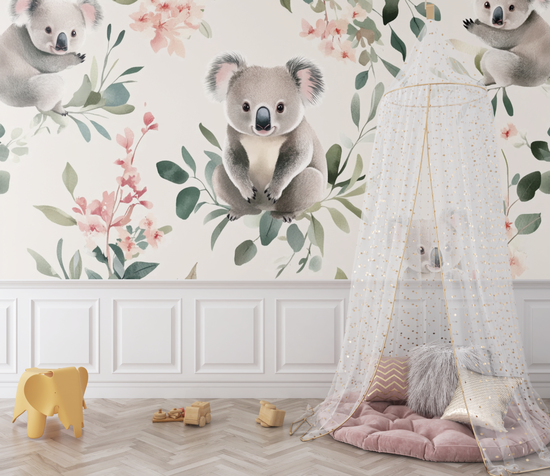 Papier peint koala et ruban de soie bebe