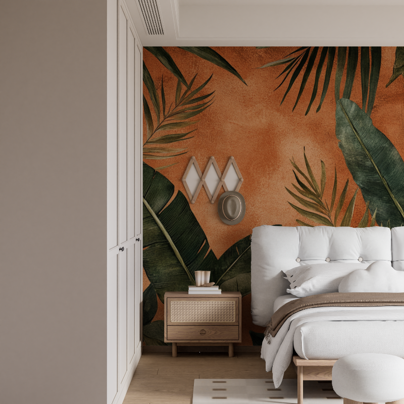 Papier peint terracotta avec feuilles tropicales mural