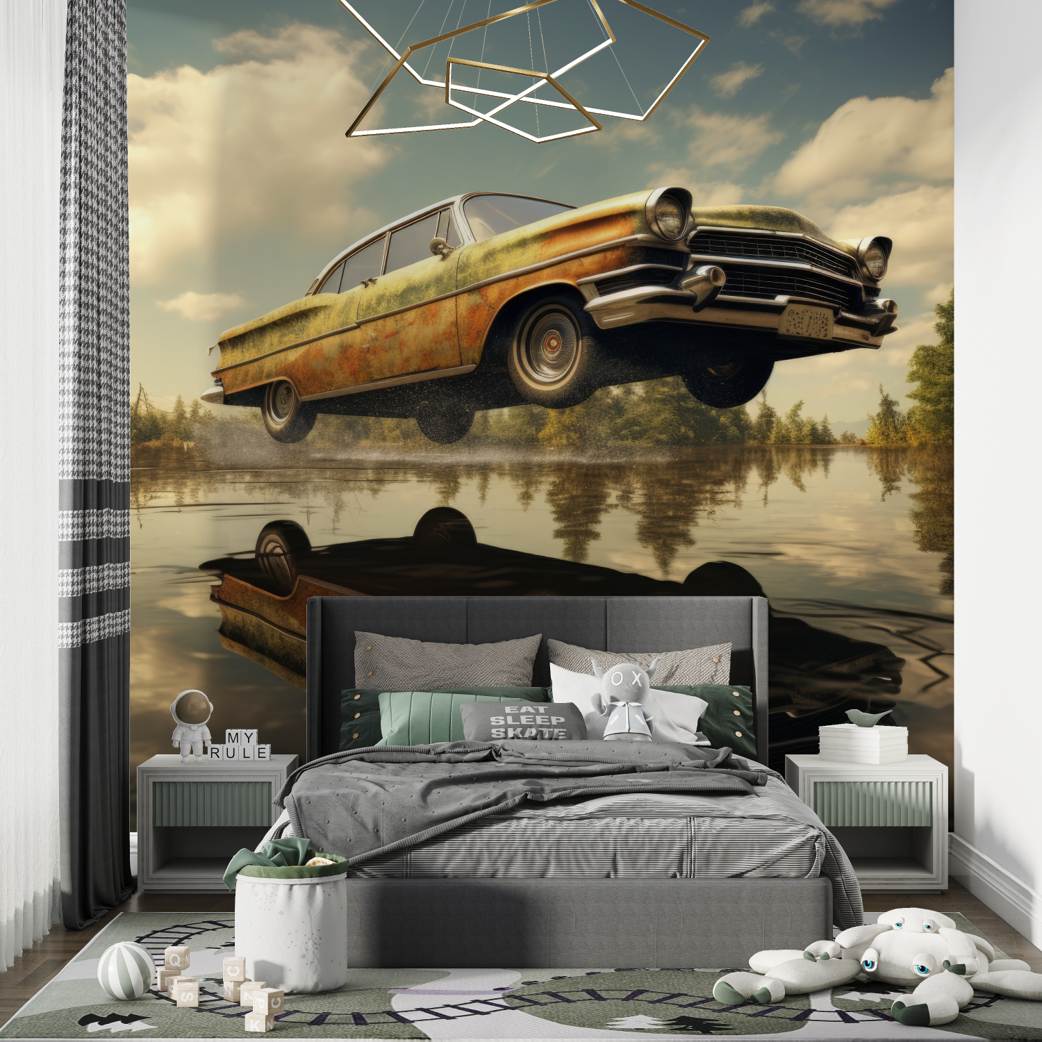 Papier peint voiture vintage flottante chambre de garcon