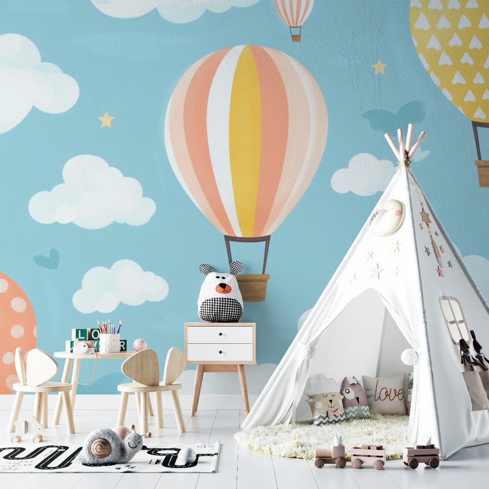 Papier peint montgolfiere et nu...me de ballons chambre bebe