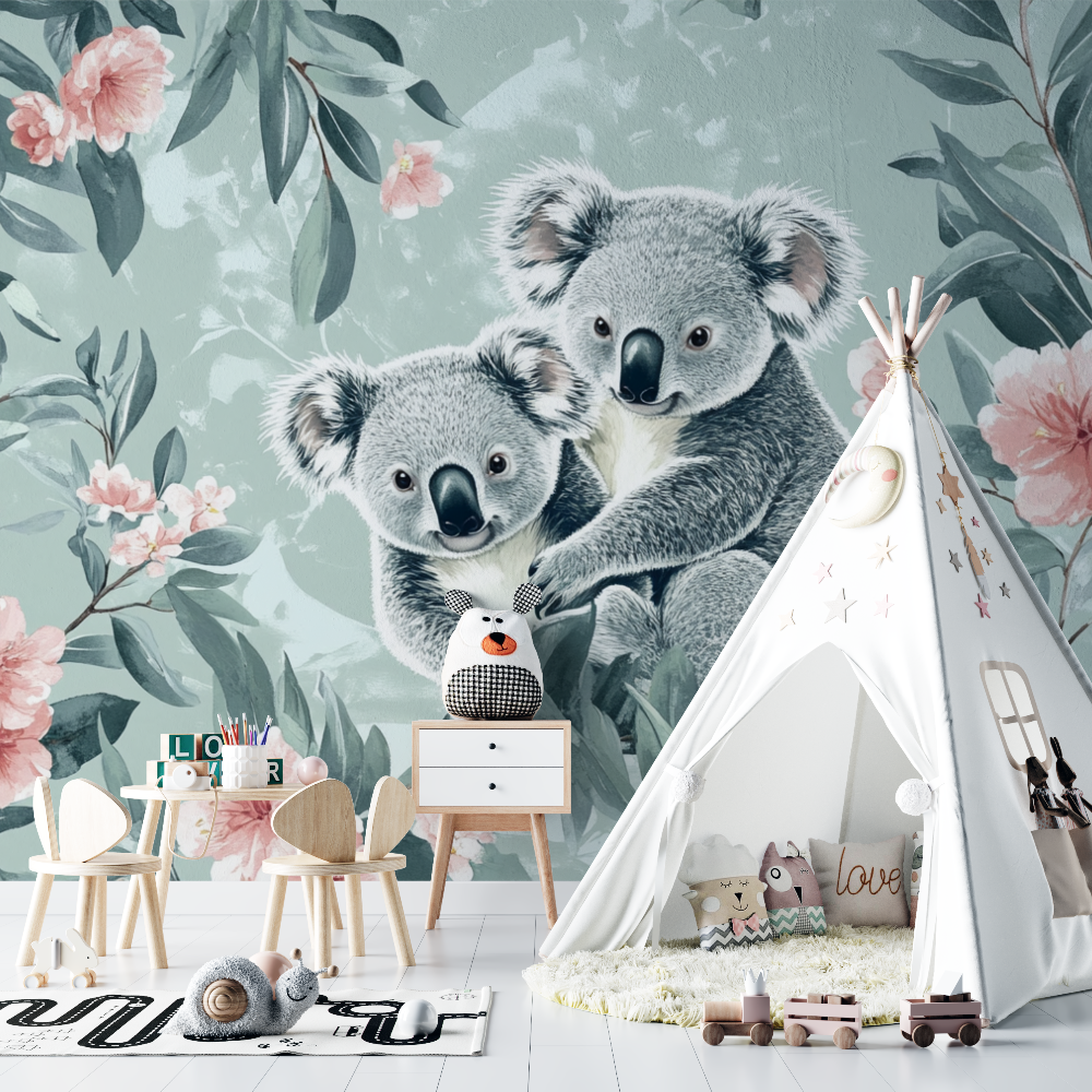 Papier peint koala et feuillage poudre chambre bebe