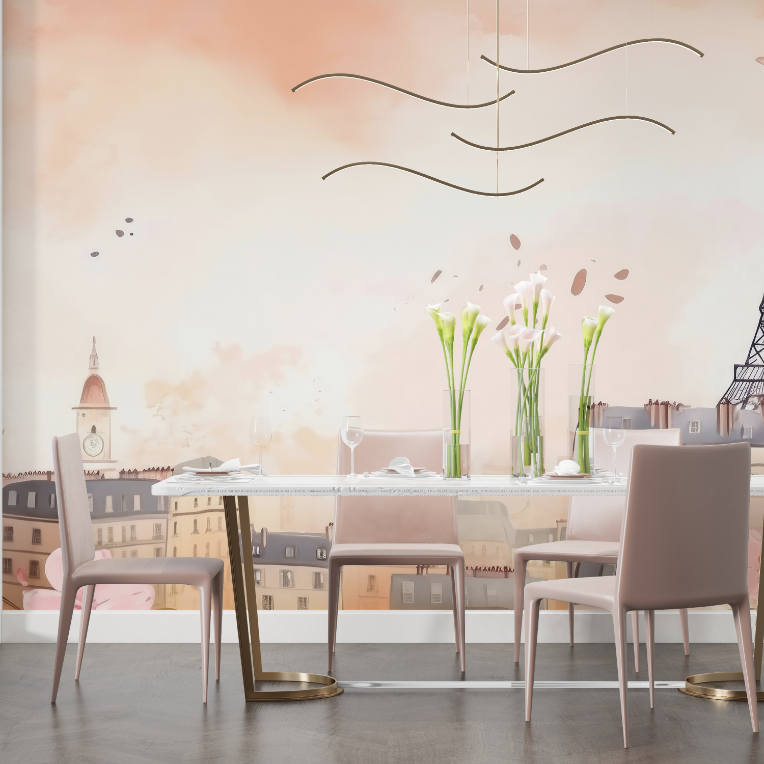 Papier peint aquarelle ville de paris rose salon