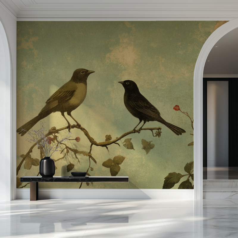 Papier peint vintage oiseaux et fleurs salon beau