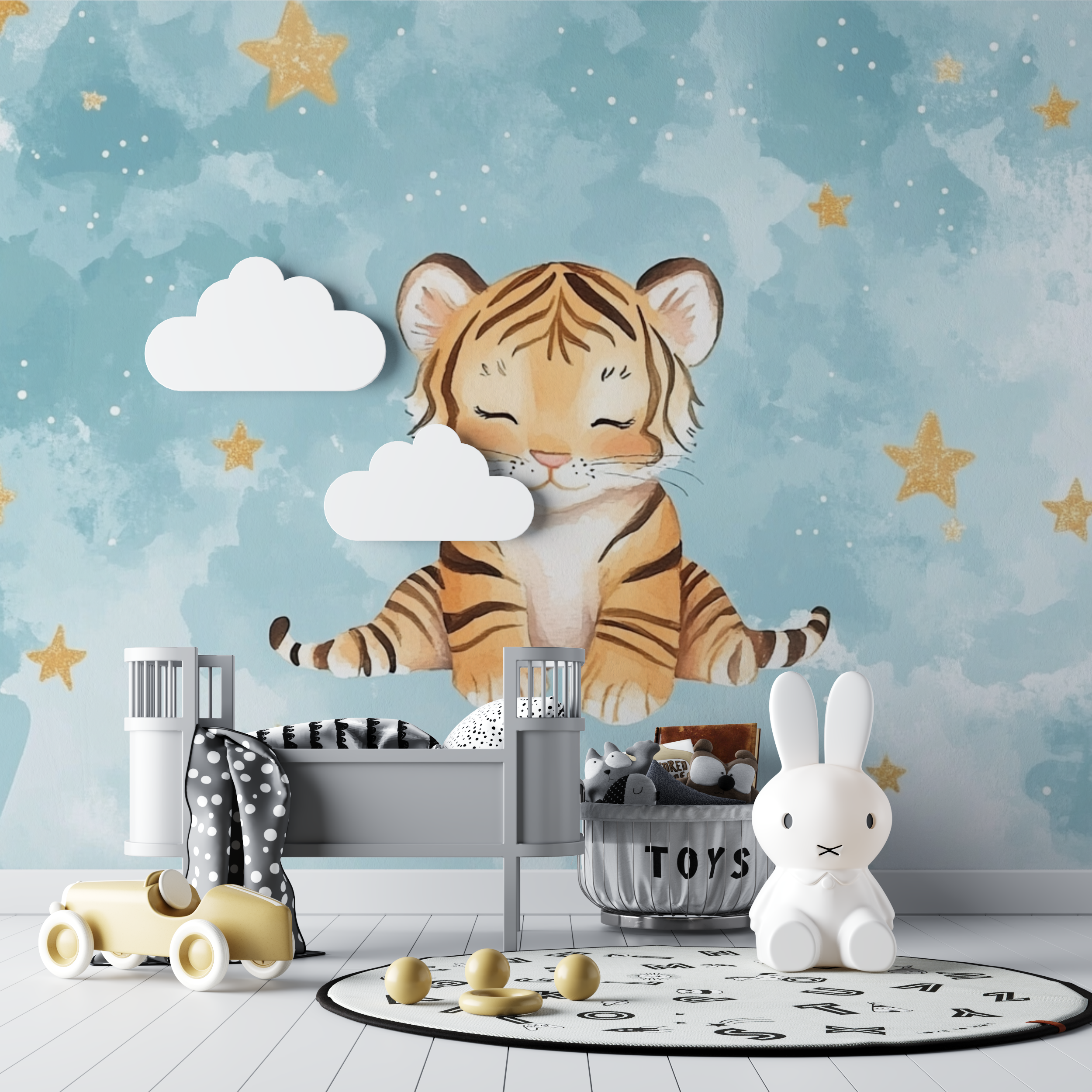Papier peint tigre et ciel etoile bebe tipi