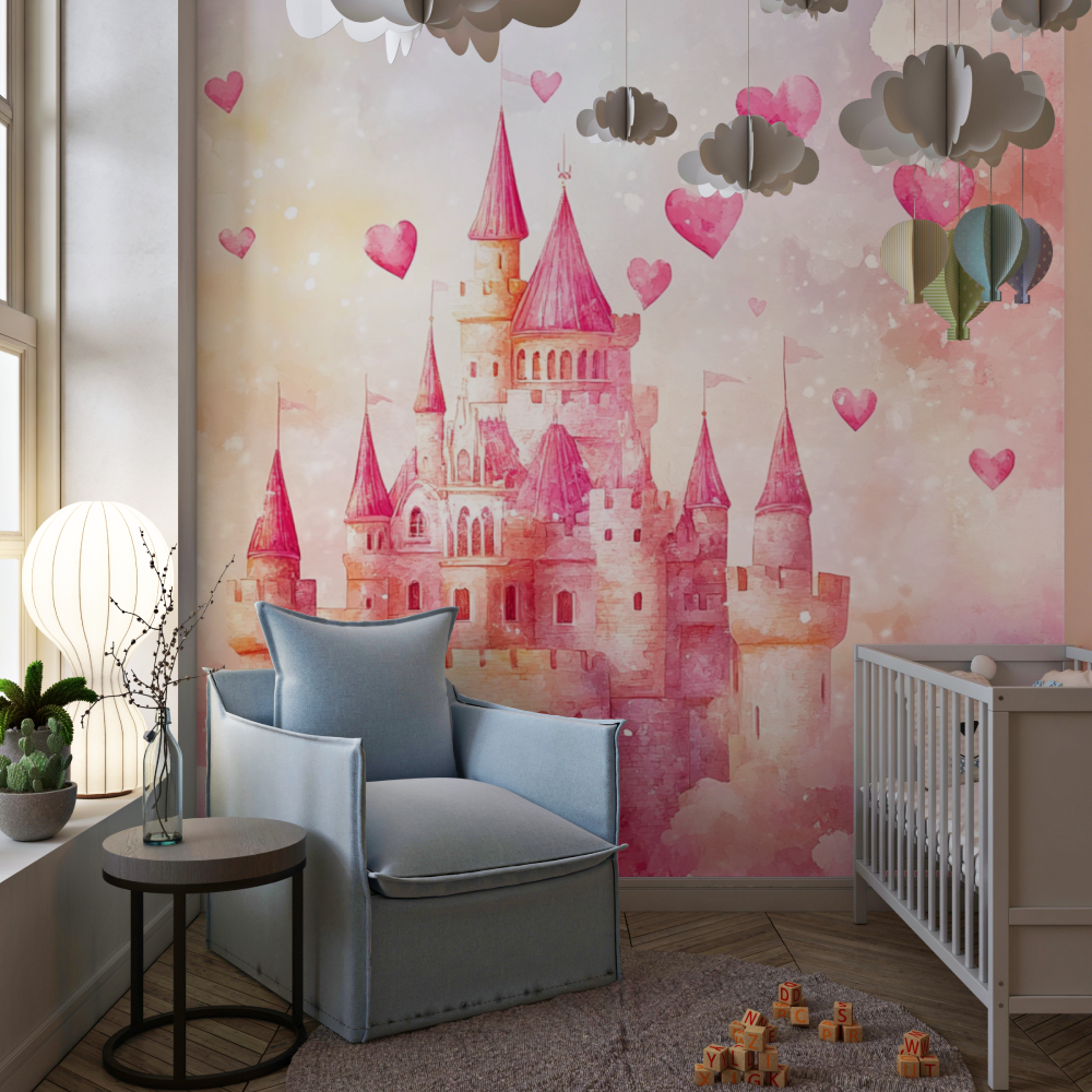 Papier peint princesse chateau rose bebe chambre de fille