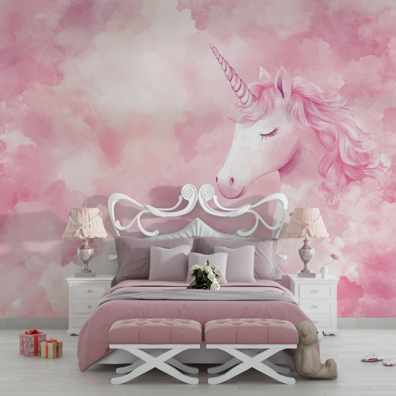 Papier peint tapisserie licorne nuages roses chambre filles