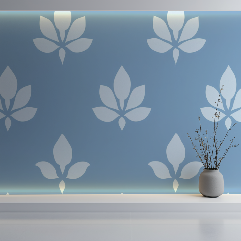 Papier peint fleur de lys bleu mur blanc