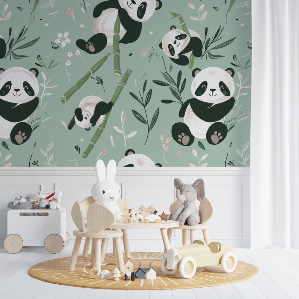 Papier peint Pandas vert bébé - bebe unisexe