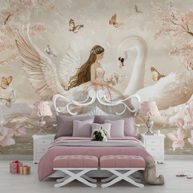 Papier peint princesse et cygne chambre filles