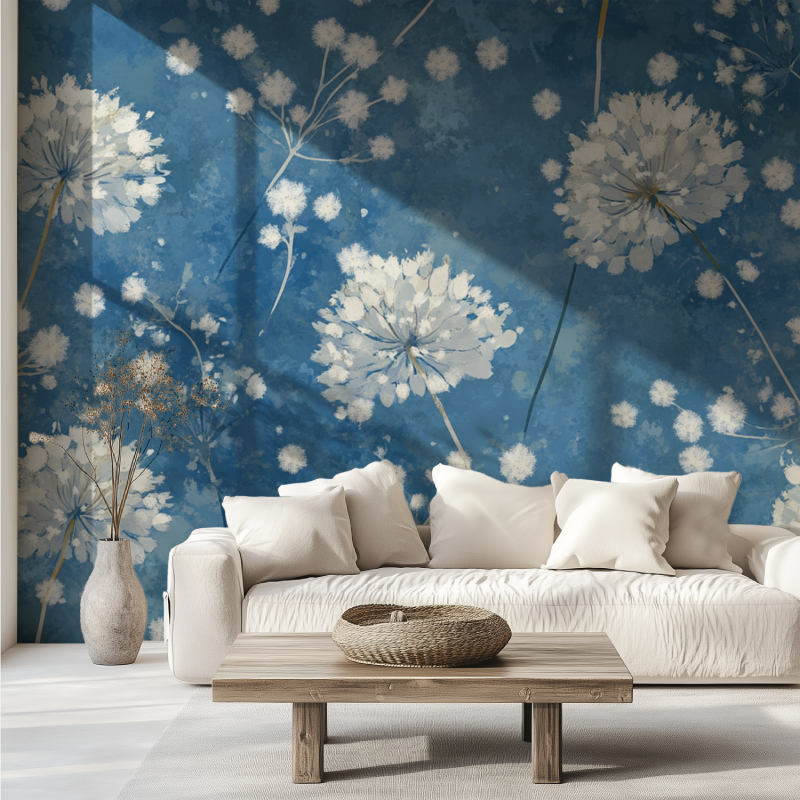 Papier peint fleur de pisselit bleu canape tendance