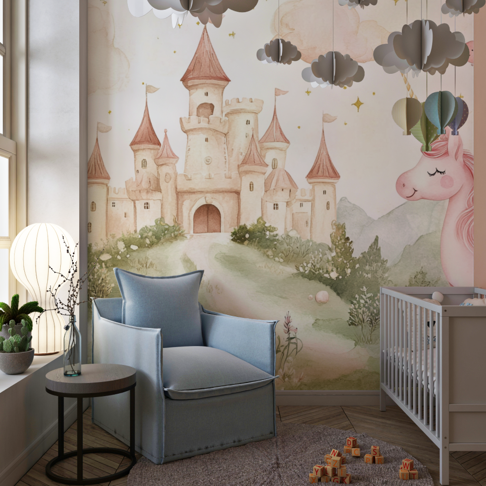 Papier peint decoration licorne...t chateau chambre de fille