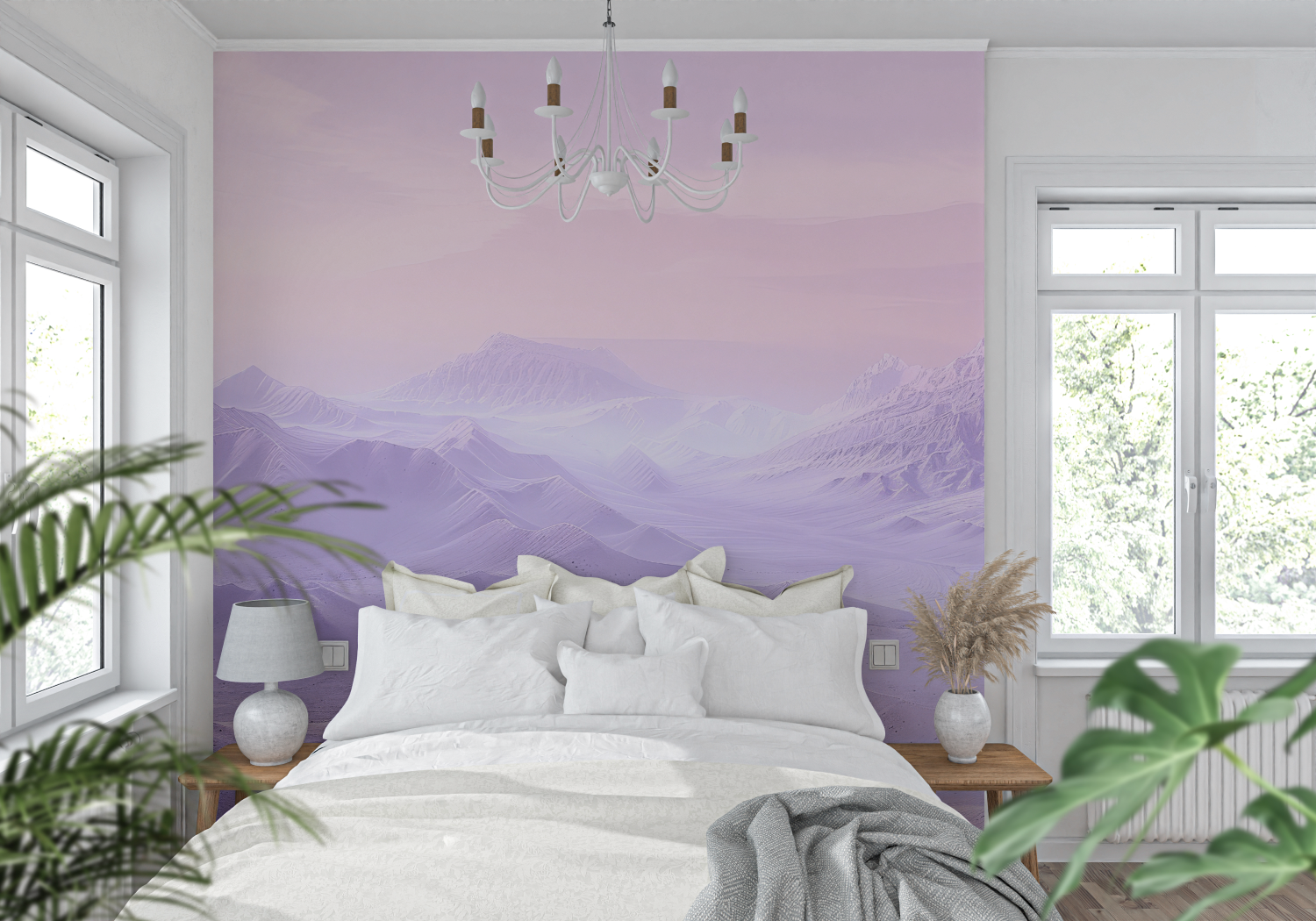 Papier Peint Montagne Rose Violet - tapisserie pano