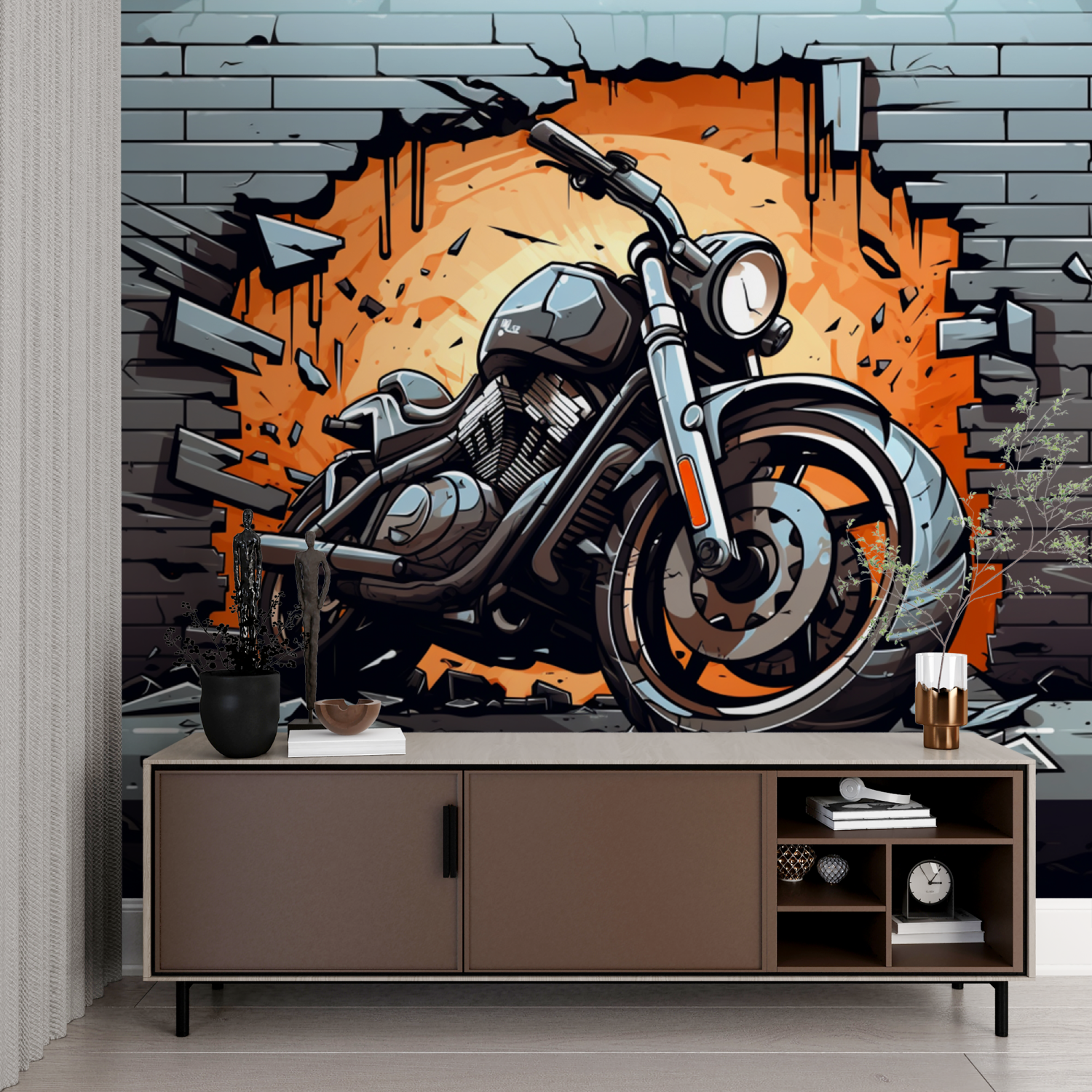 Papier peint panoramique moto et briques imprime