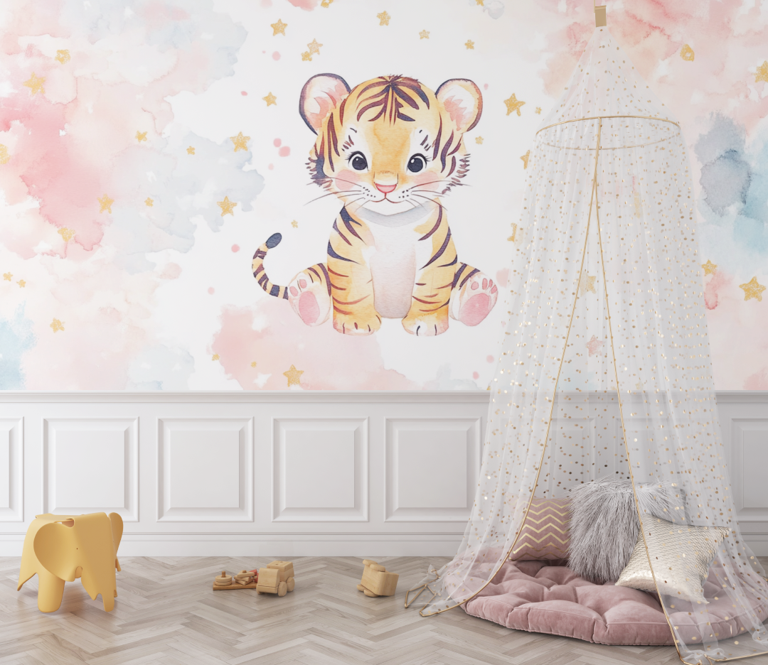 Papier peint tigre et etoiles filantes bebe