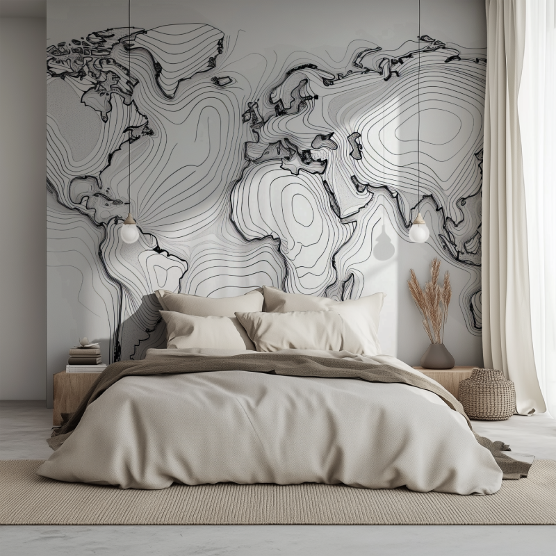 Papier peint carte du monde noire et blanc lit 1234