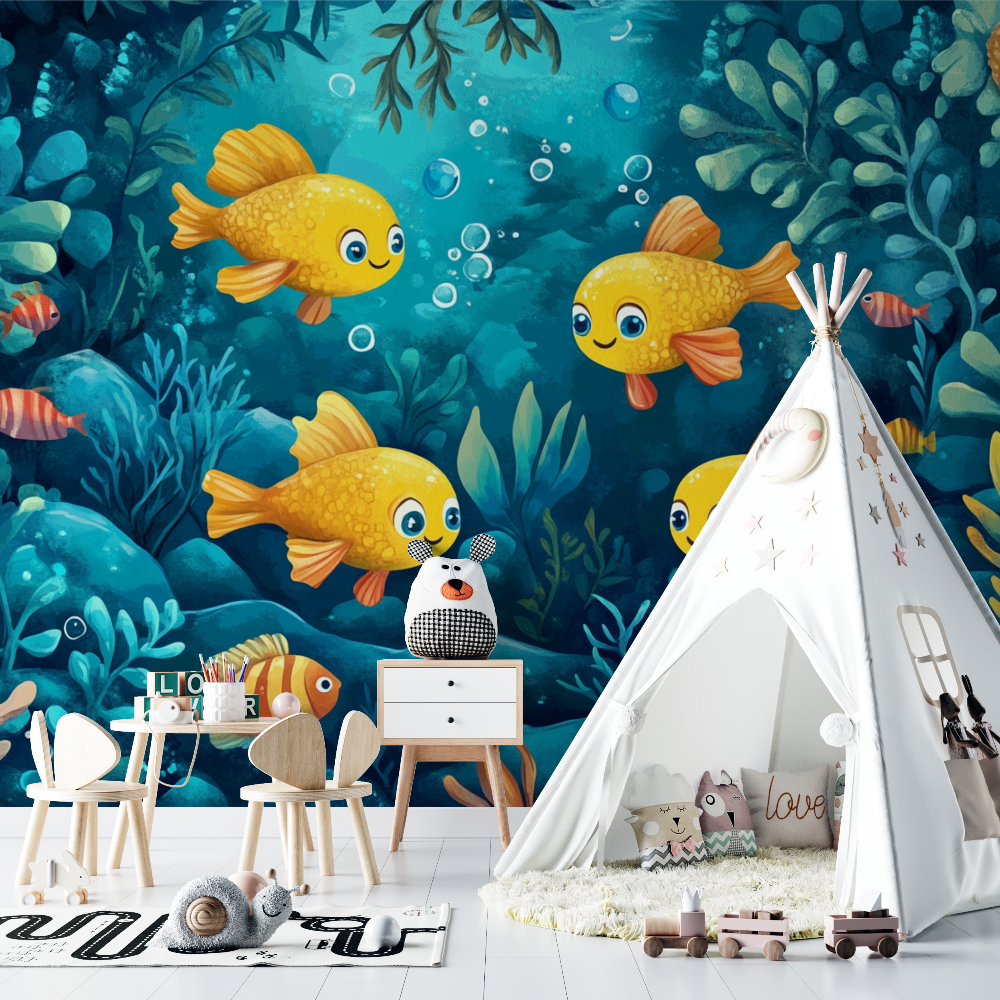 Papier peint marin theme sous m...jaune et bleu chambre bebe