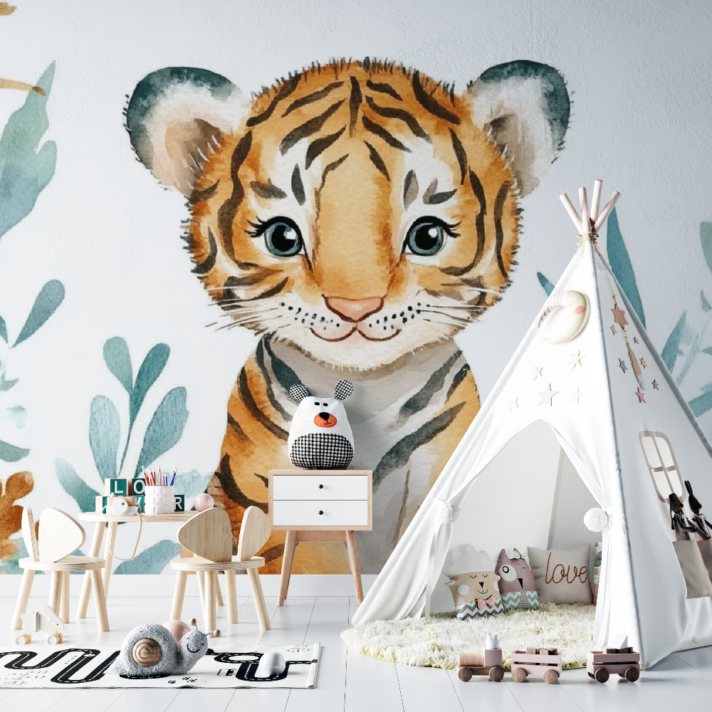 Papier peint tigre et motifs minimalistes chambre bebe