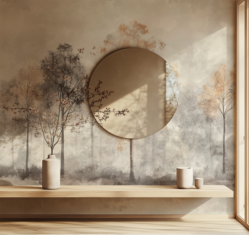 Papier peint arbre gris et marron miroir