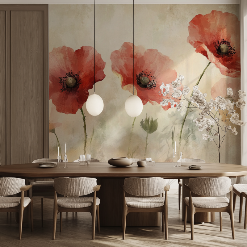Papier peint vintage fleurs rouges salle manger tendance