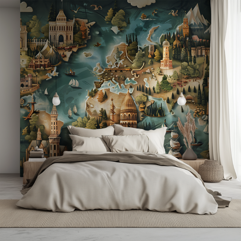 Papier peint carte du monde ville lit 1234