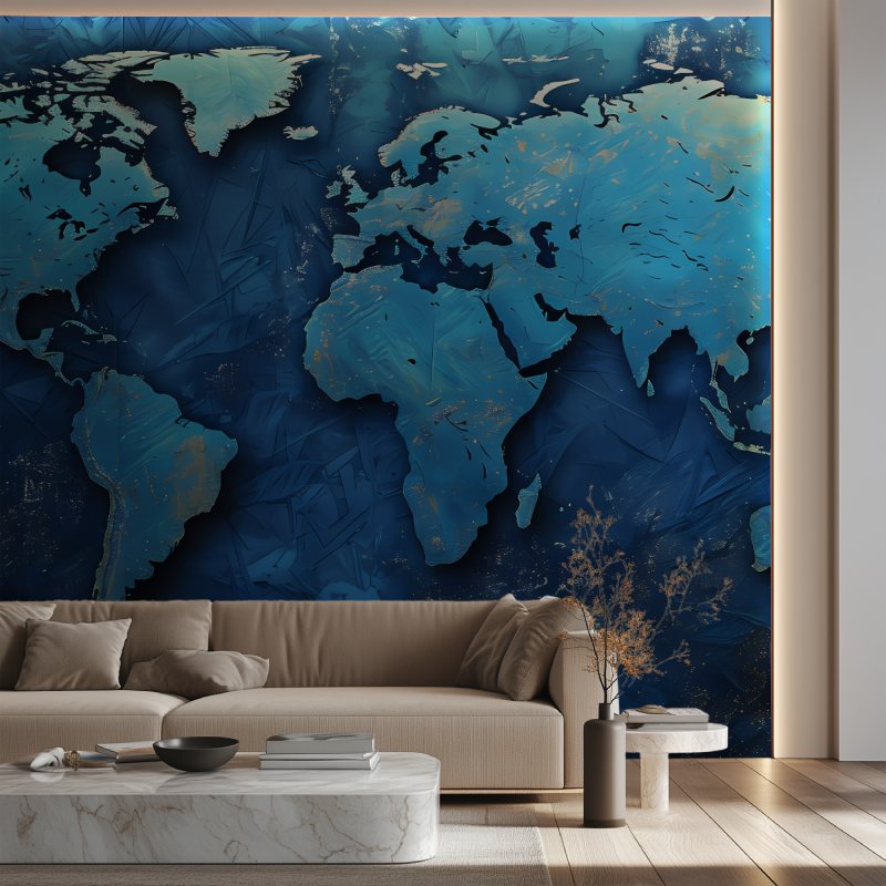 Papier peint carte du monde bleu foncee canape neon