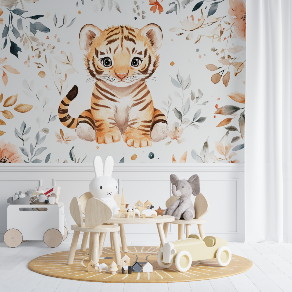 Papier peint tigre et motifs enfantins chambre de bebe