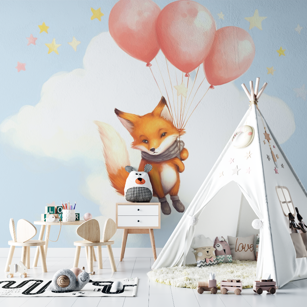 Papier peint renard avec ballon chambre bebe