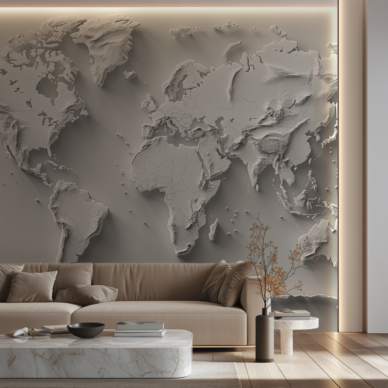 Papier peint carte du monde blanche design canape neon