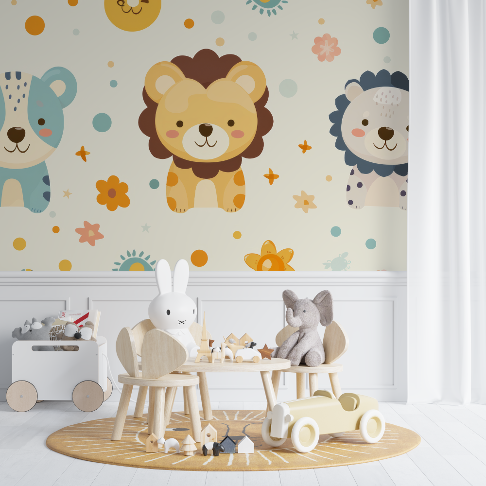 Papier peint lion et motifs abstraits chambre de bebe