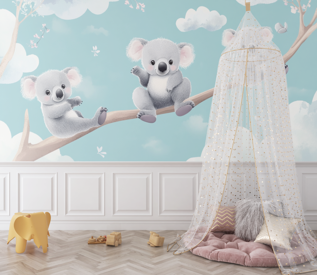 Papier peint koala sur fond de ciel pastel bebe