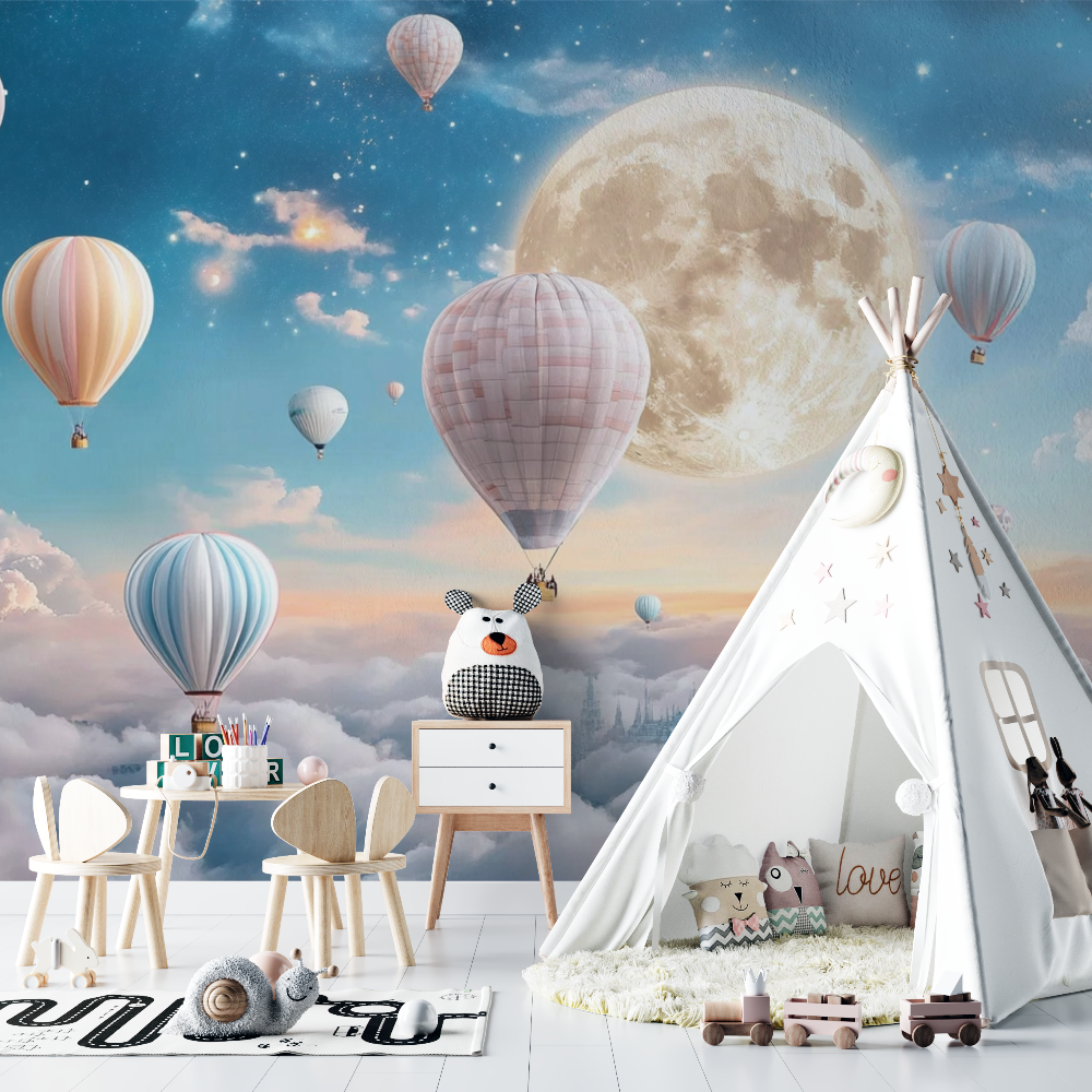 Papier peint montgolfiere et lune lumineuse chambre bebe