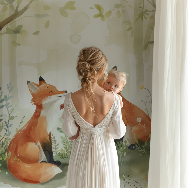 Papier peint renard foret vert bb123