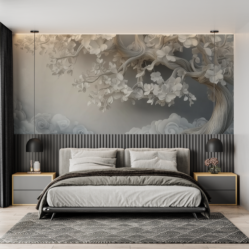 Trending white tree mural wallpaper chambre adulte tendance