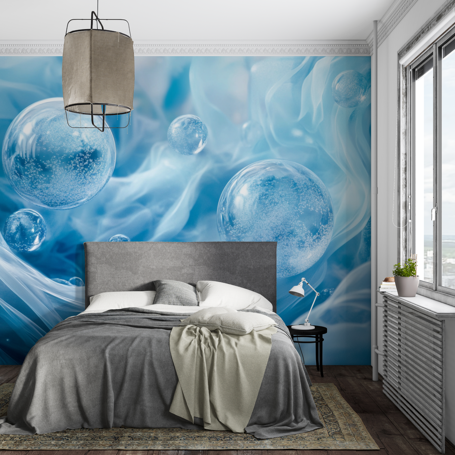 Papier peint aquarelle art fluide abstrait bleu mural