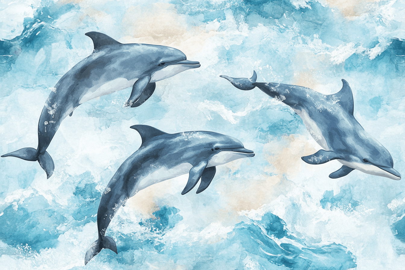 Papier Peint Marin Aquarelle Dauphins Joyeux