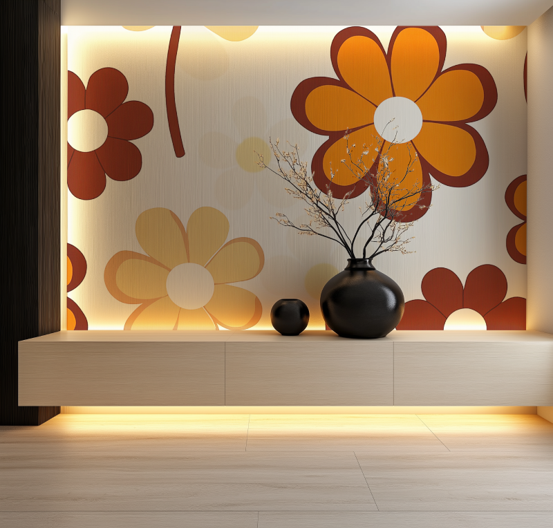 Papier peint fleur marron annee 80 salon neon