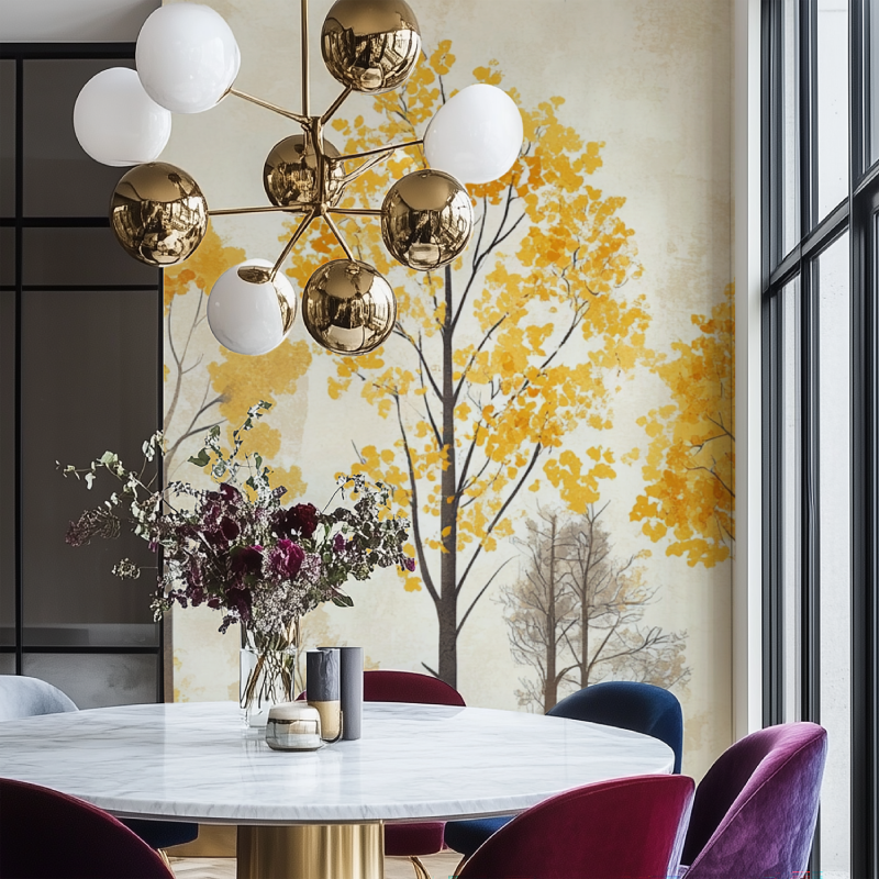 Papier peint arbre jaune salon chaise